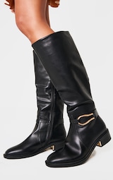 Black Wide Fit Pu Round Toe Gold Buckle Block Heel Knee High Boots