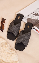 Black Wide Fit Square Toe Cross Strap Flat Sandals