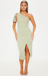 Sage Green One Shoulder Bow Detail Midi Dress