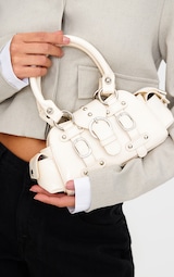 Cream Crinkle PU Buckle Stud Mini Handbag