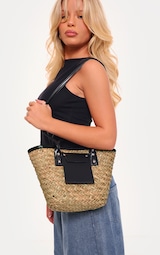 Black Mini PU Trim Straw Tote Bag