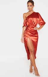 Rust Satin One Shoulder Ruched Skirt Midi Dress