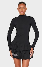 Black Stretch Woven Extreme Pleated Long Sleeve Shift Dress