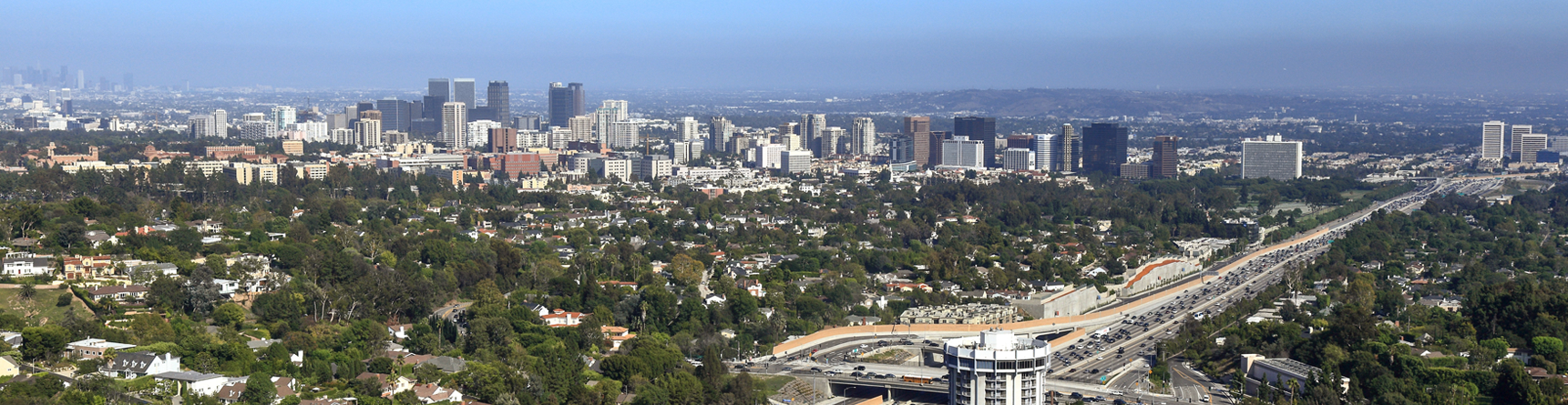 Aerial view of West Los Angeles skyline and 405 freeway