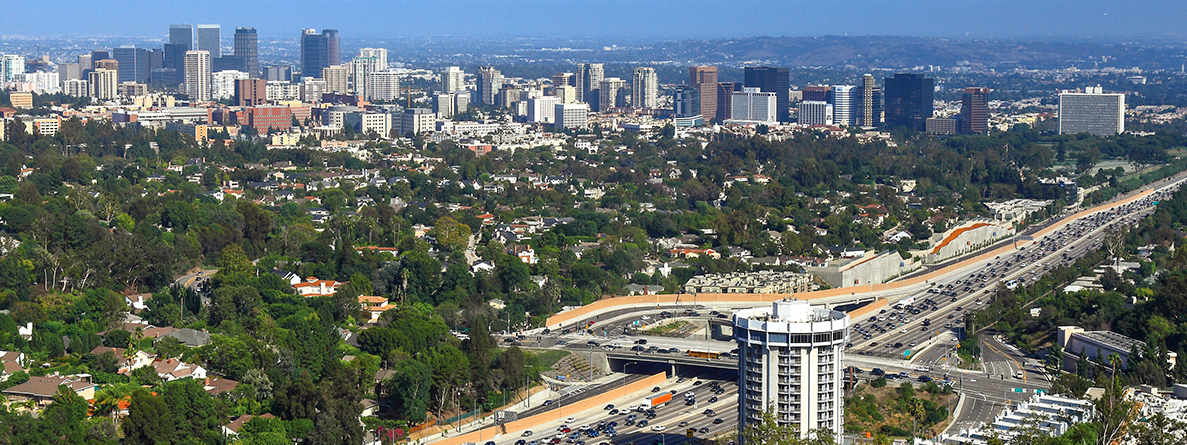 Aerial view of West Los Angeles, including the 405 freeway