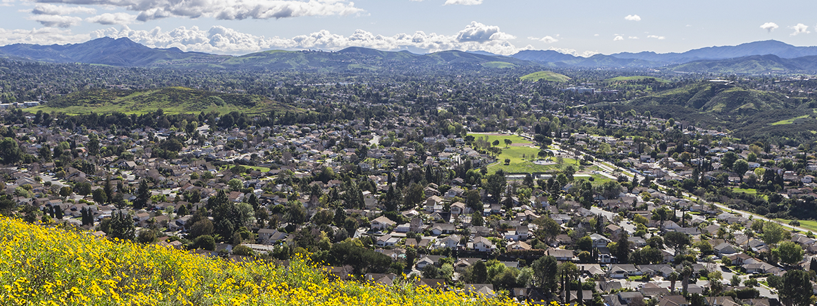 Aerial photo of rolling flower-covered hills and neighborhoods of Conejo Valley