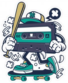 Cassette Skate Sticker Free Vector