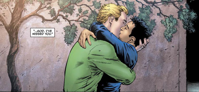 Green Lantern (left) of DC's EARTH 2 shares a kiss with his lover.