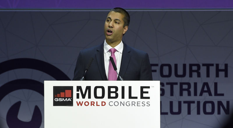 FCC Chairman Ajit Pai speaks during a keynote speech at Mobile World Congress in Barcelona on February 28, 2017.