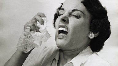 Picture shows a woman about to sneeze holding a handkerchief in her hand.