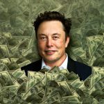 A photoshopped image of Elon Musk emerging from an enormous pile of money.