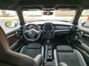 The front seats and dash of a Mini John Cooper Works GP