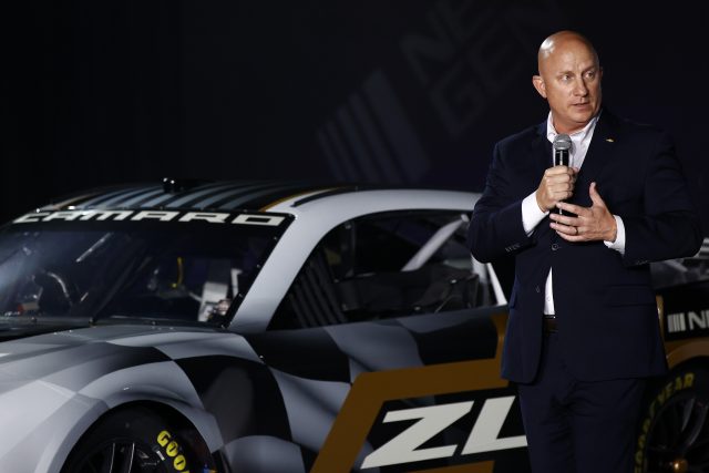 Eric Warren, Director of NASCAR Programs, GM speaks at the unveiling of the seventh generation of the NASCAR Cup Series Chevrolet car during the NASCAR Next Gen Car Announcement on May 05, 2021 in Charlotte, North Carolina.