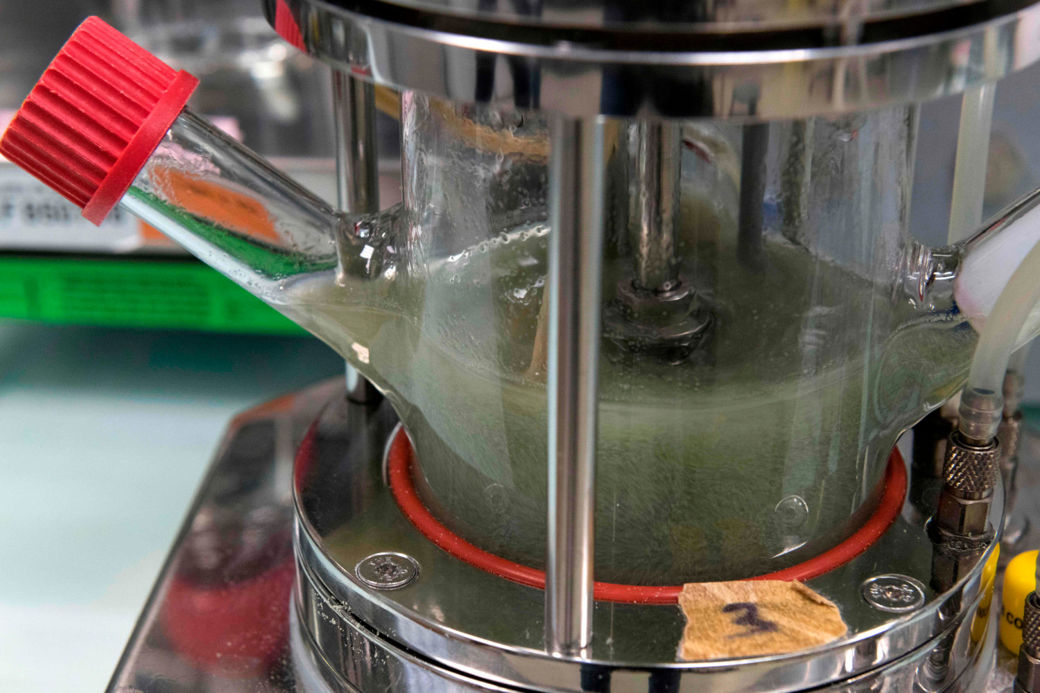 A small-scale reactor mixes plastic and enzymes in the Carbios laboratory.