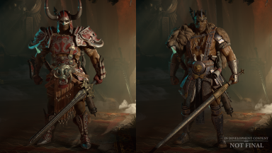 Legendary gear earned through the game (left) versus cosmetics available for purchase (right).