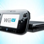 A black Nintendo Wii U console on a swirling blue background.