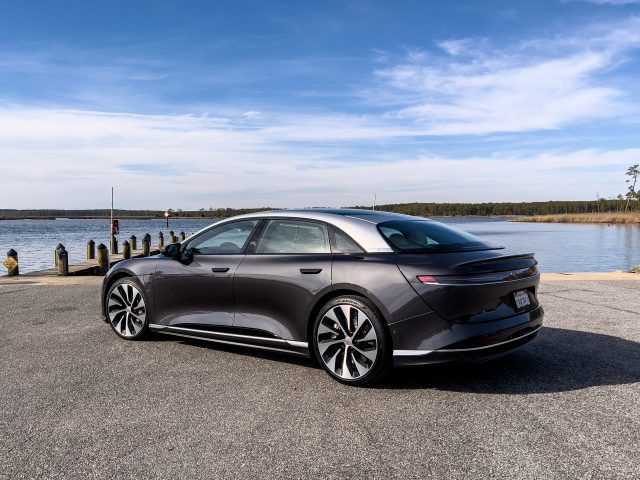 A Lucid Air seen from the rear 3/4