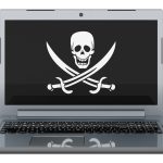 Illustration of a laptop with the skull-and-crossbones pirate symbol on the screen.