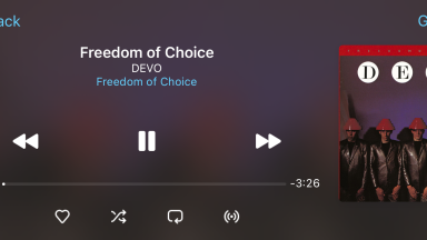 Apple CarPlay screenshot showing Devo's freedom of choice playing