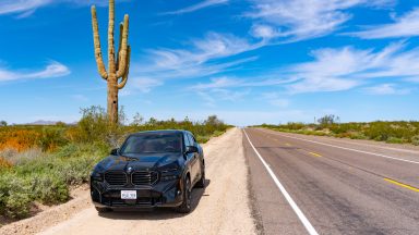 A BMW XM next to a very large Saguro cactus