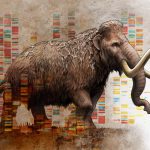 Artist's view of a mammoth superimposed over DNA sequencing data.