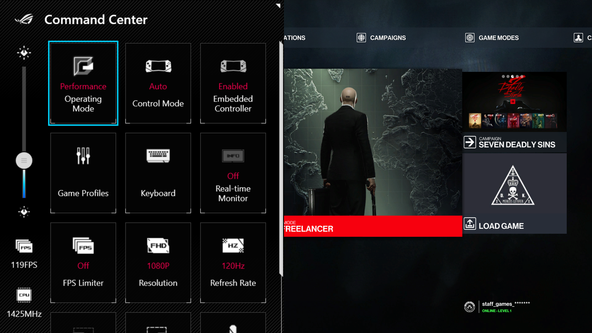 Command Center opened on top of a Hitman 3 screen