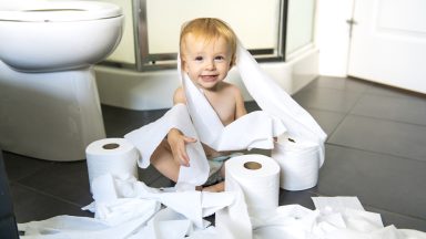 Toddler ripping up toilet paper in bathroom