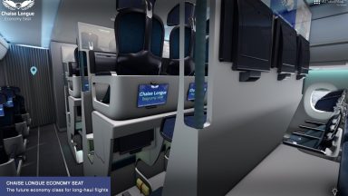 A 3D rendering of the double decker airline seat concept.