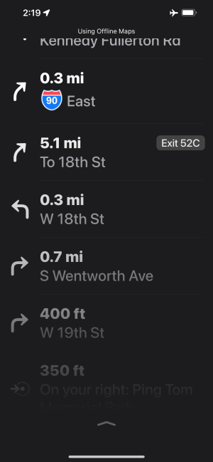 A list of directions in Chicago in Apple Maps