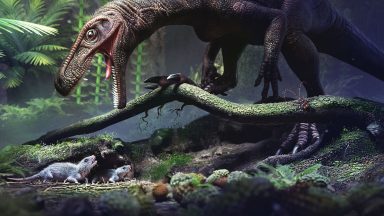 Image of a dinosaur looming over some small mammals, potentially about to eat them.