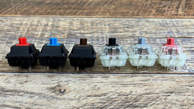 Cherry's new MX2A mechanical switches (from left to right): Red, Blue, Brown, Black, Speed Silver, Silent Red.