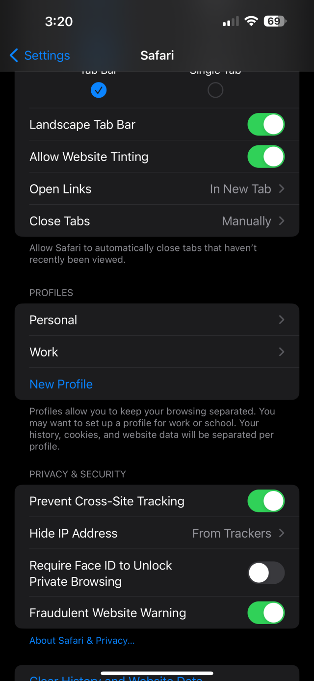 Profiles buried in the Safari screen of Settings