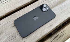 The back of the iPhone 15 in a black color.