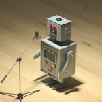 A 3D illustration of a toy robot singing.