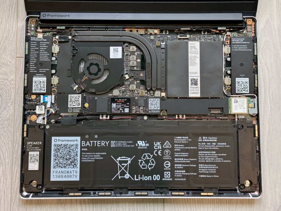 The Ryzen version of the Framework Laptop's system board has the same shape and layout as the Intel versions, preserving full compatibility with older Framework Laptop 13 enclosures.