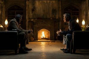 old black man and old mustached white man sitting across from each other in front of a fire