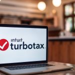 A laptop screen displays the logo for Intuit TurboTax.