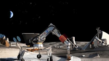 A robot performing construction on the surface of the moon against the black backdrop of space.