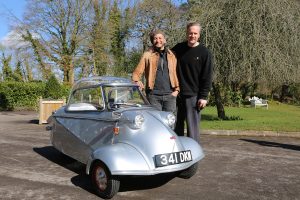 Tim Shaw and Fuzz Townshend pose with the restored Messerschmitt.