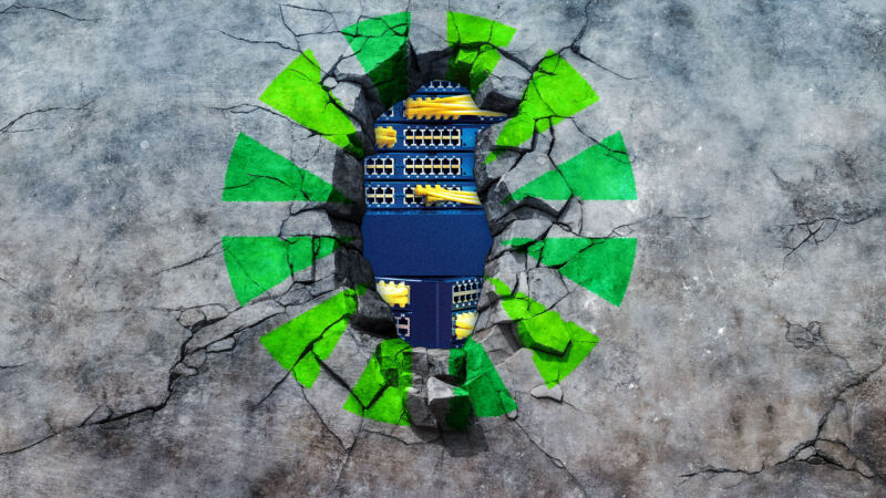 Illustration of the CenturyLink logo over a piece of damaged network equipment