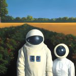 An AI-generated image from DALL-E 2 created with the prompt "A painting by Grant Wood of an astronaut couple, american gothic style."