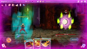 Boss battle in Slay the Spire, with a stone surrounded by green flames, and the intent to attack shown above.