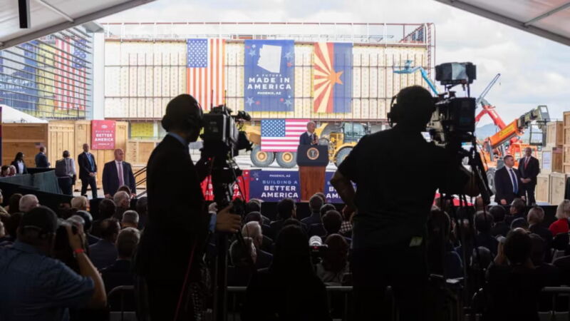 President Biden speaking at the official opening of TSMC’s first Arizona fabrication plant in December 2022. The Taiwanese chipmaker plans to start manufacturing 2-nanometer chips in the US in 2028.