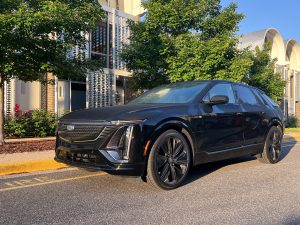 A Cadillac Lyriq seen from the front 3/4 view