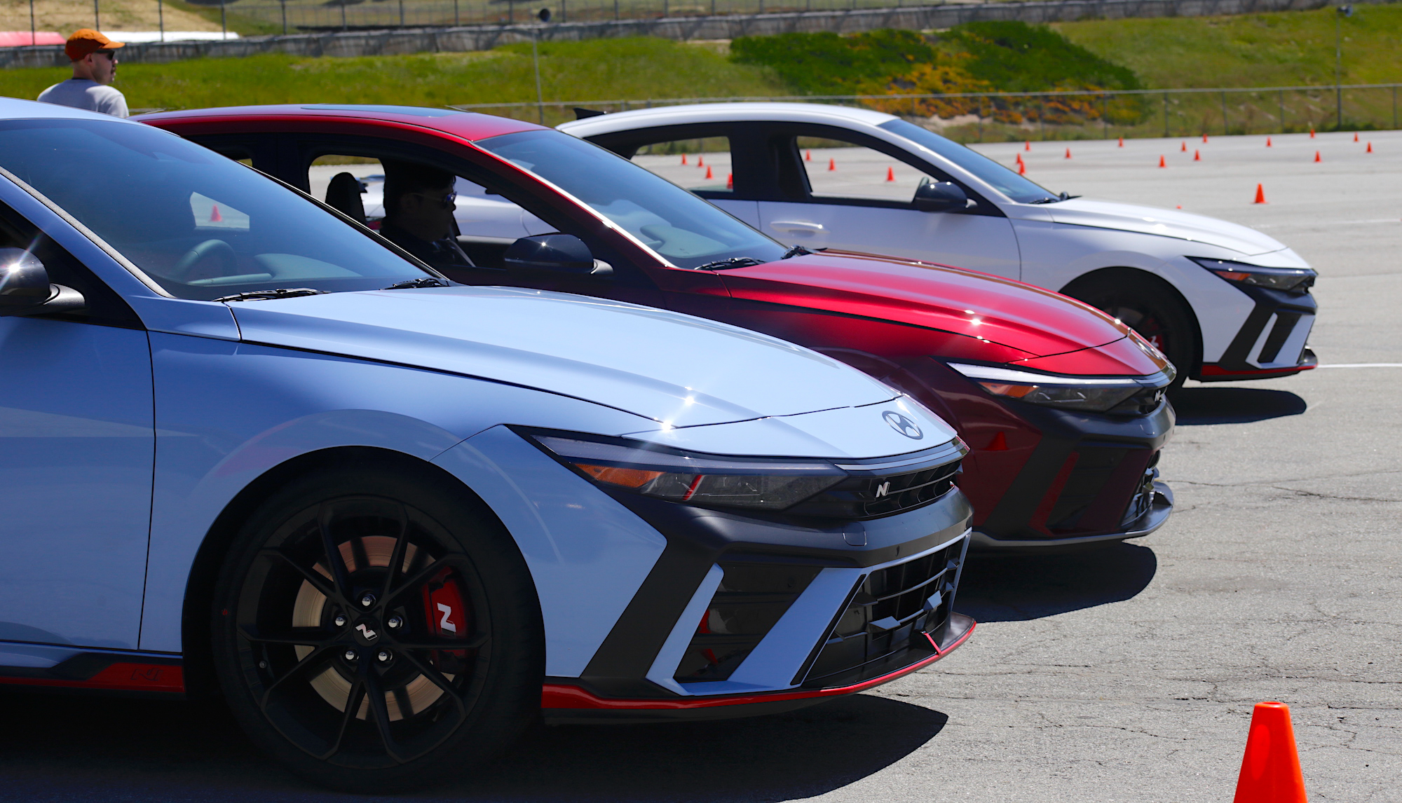 The front ends of three Hyundai Elantra Ns