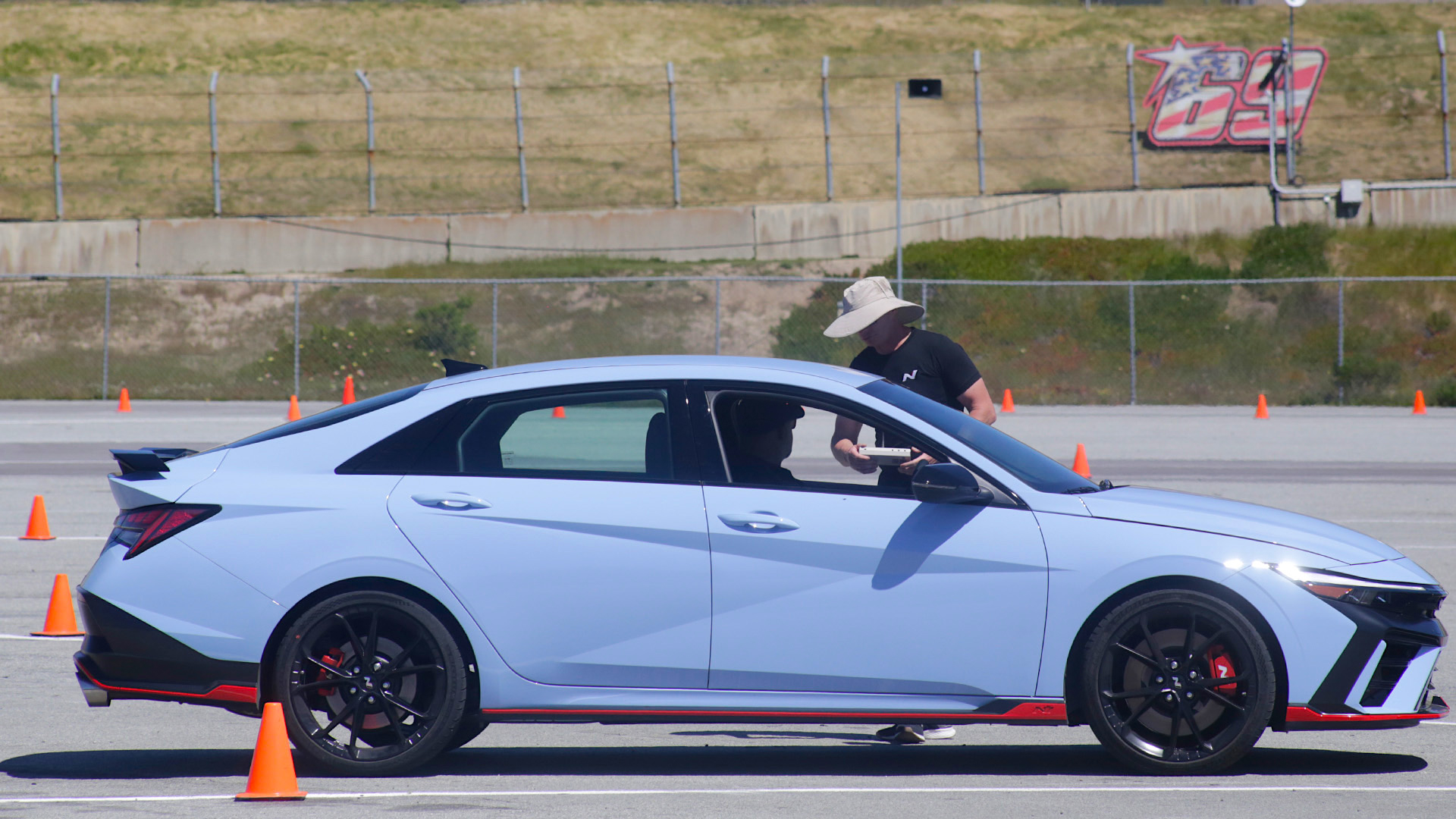 A light blue Hyundai Elantra N about to autocross