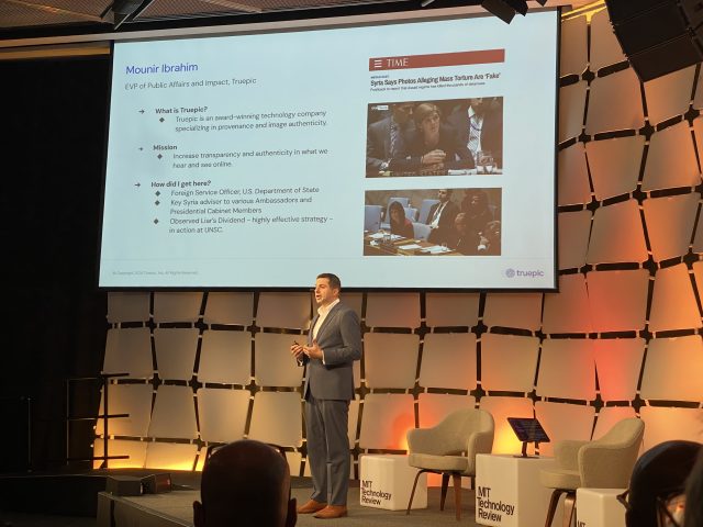 Mounir Ibrahim, EVP of Public Affairs and Impact at Truepic, spoke about the importance of digital content provenance in a "zero trust world" at EmTech Digital on May 22, 2024.