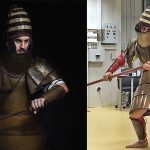 Two images of a person wearing unusual armor that covers his torso in bands of metal, with a deep collar and high helmet.