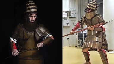 Two images of a person wearing unusual armor that covers his torso in bands of metal, with a deep collar and high helmet.