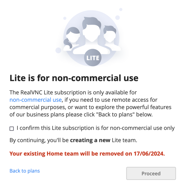 Prompt showing that "Lite is for non-commerical use" and explaining how many features you lack by using it.